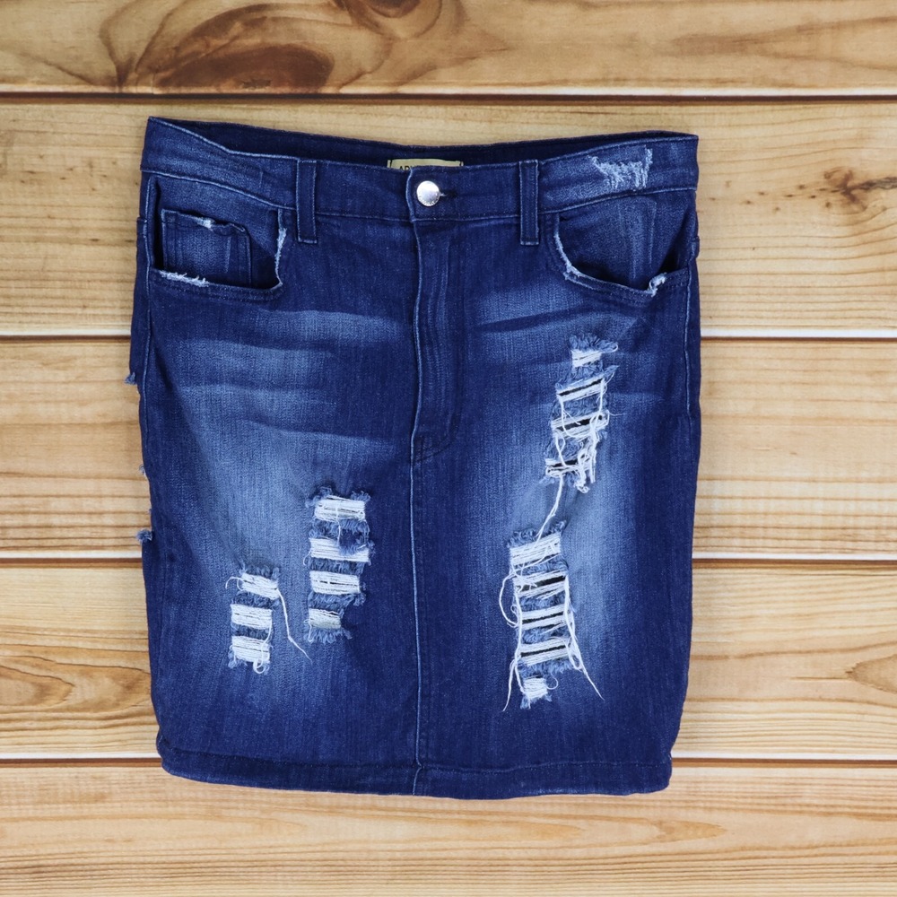 Aphrodite Jean‎ Skirt Distressed Womens XL Blue Dark Wash Denim Stretch Pockets